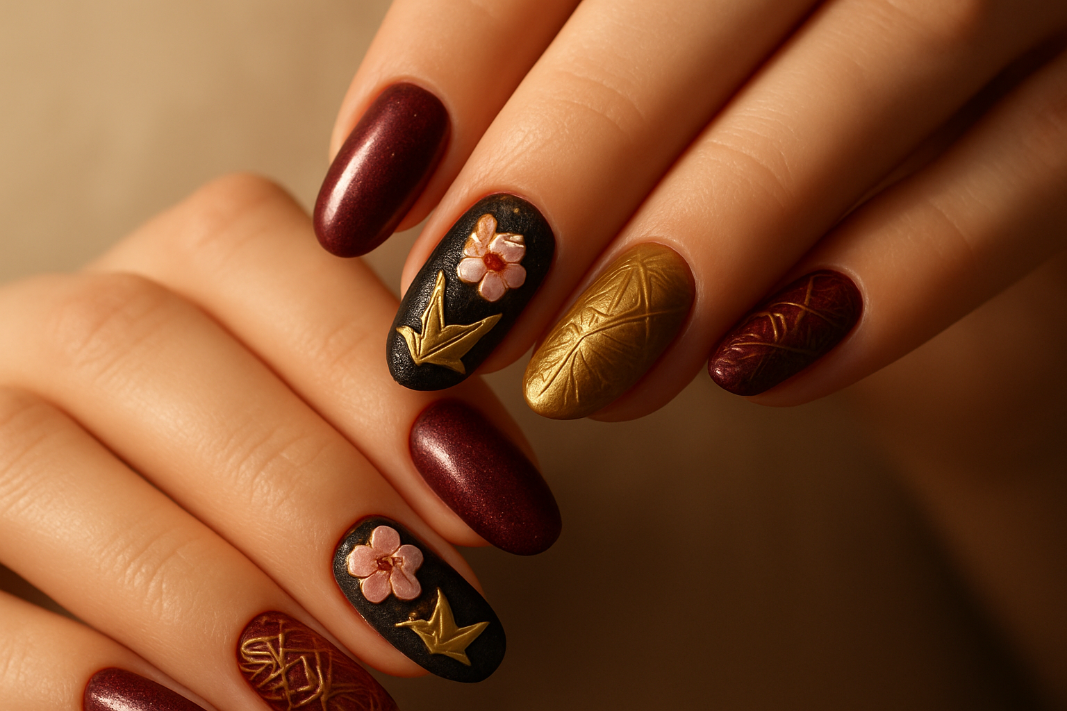 Japanese-Inspired Nail Art with 3D Elements